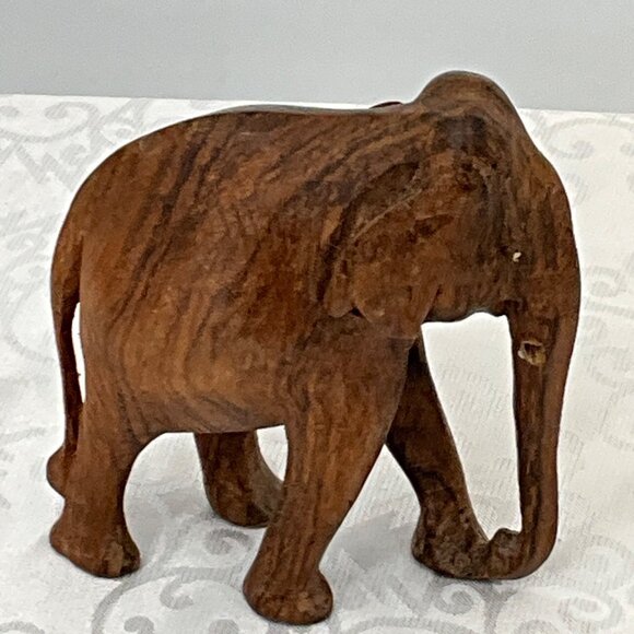 Hand-Carved Wooden Elephant Figurine 4" Tall Intricate Design Natural Finish Hom - Picture 3 of 7